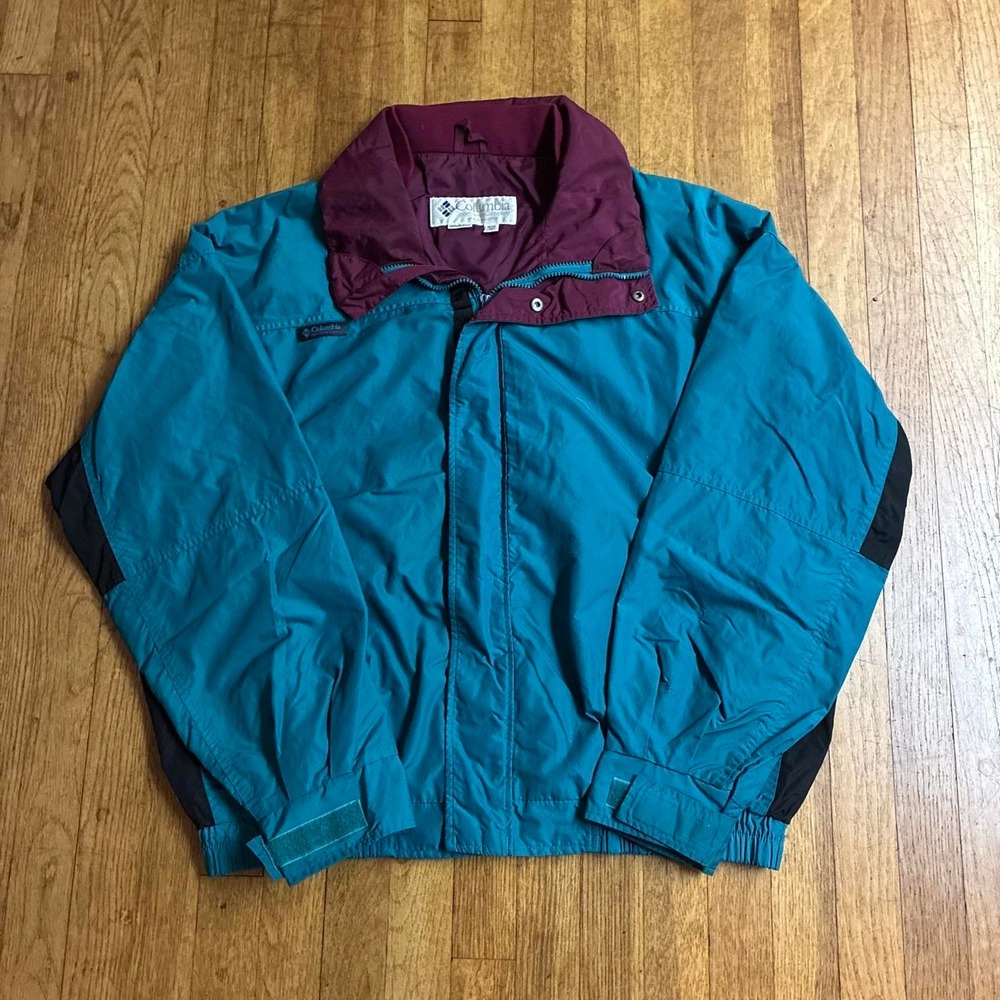 Vintage Columbia Teal Purple Black Colorblock Windbreaker Jacket Mens XL 90s